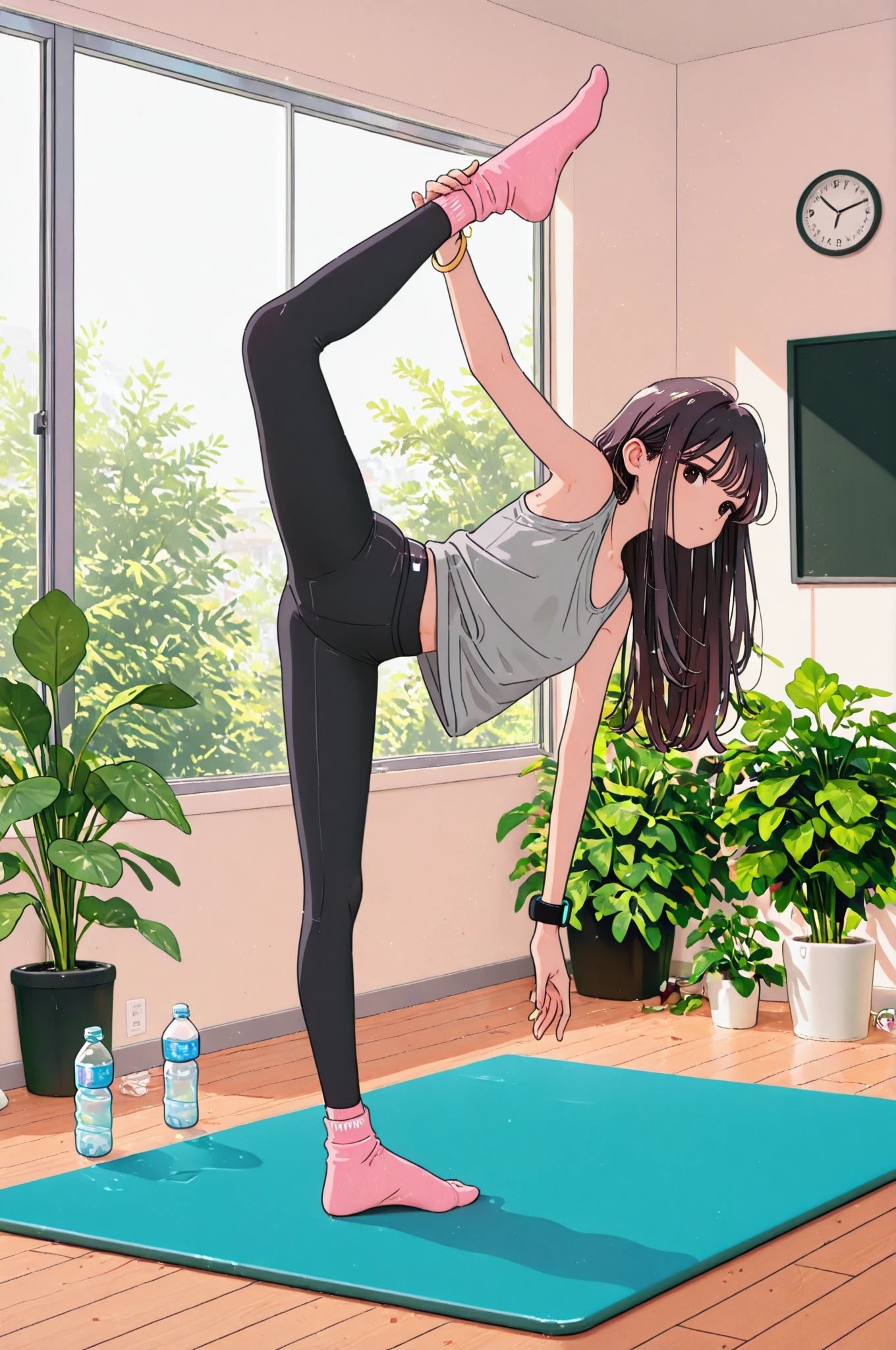 A character with long purple-brown hair is seated on a wooden deck outdoors doing a forward fold stretch