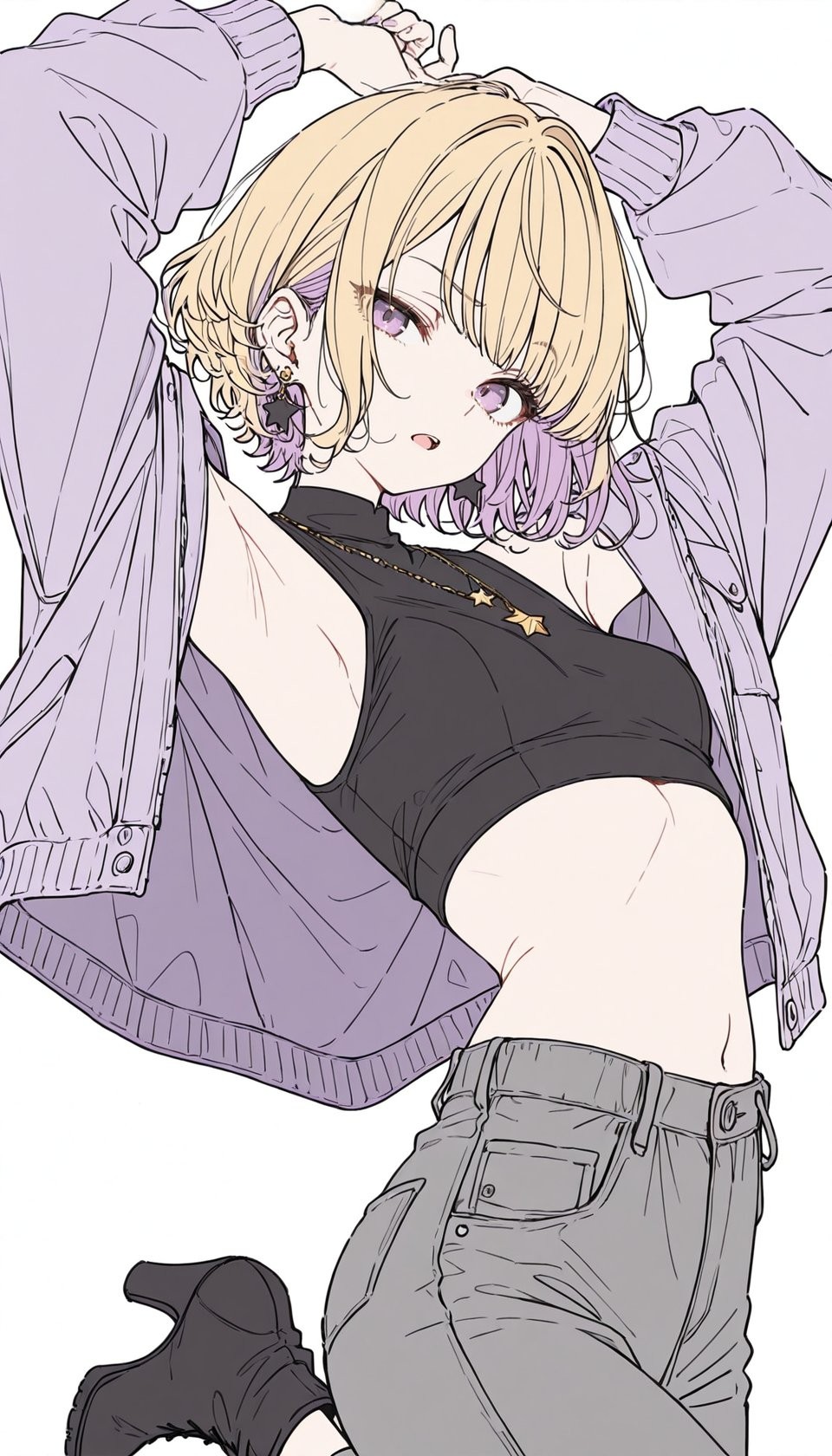 Short blonde hair with purple inner layers, purple eyes, star-shaped accessories, black cropped tank top, oversized open purple jacket, gray cargo pants, black boots, dynamic pose with a surprised or playful expression