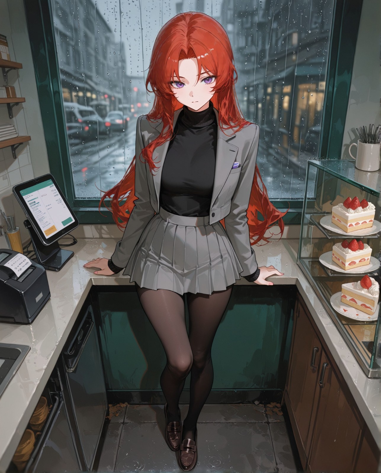 A red-haired purple-eyed woman leans against a dessert shop counter wearing a black turtleneck and gray blazer
