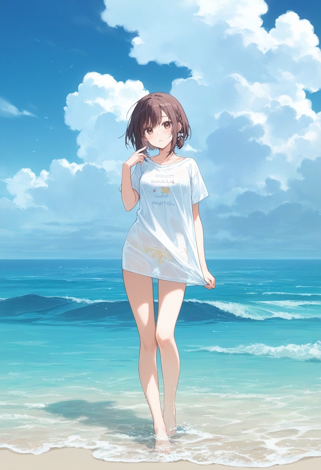 A short-haired girl wears a white printed T-shirt at the summer beach