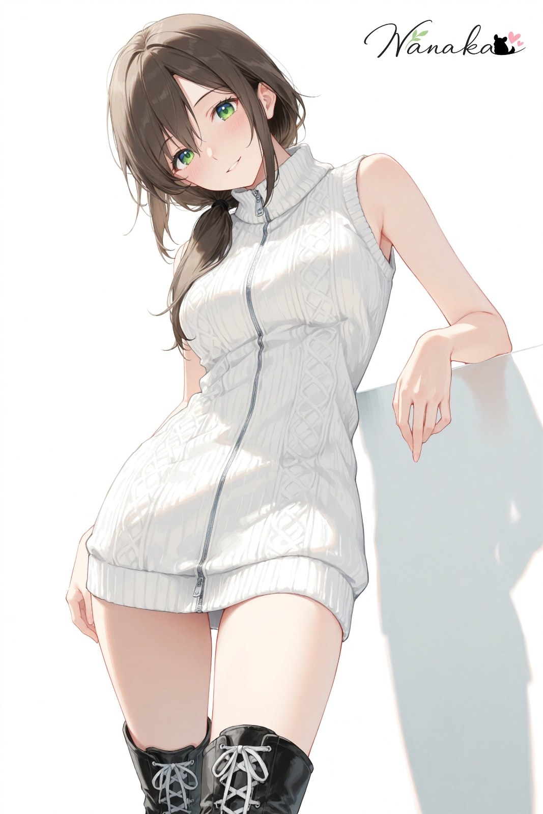 An anime girl with brown hair and green eyes is wearing a white high-neck knitted dress and black lace-up ankle boots