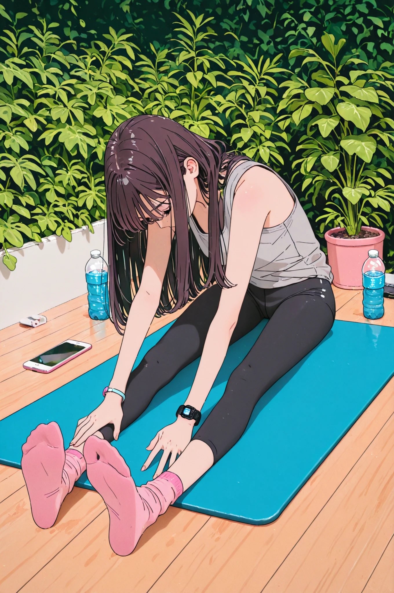 A character with long dark hair in a gray tank top and black leggings performs a seated forward stretch on a blue yoga mat