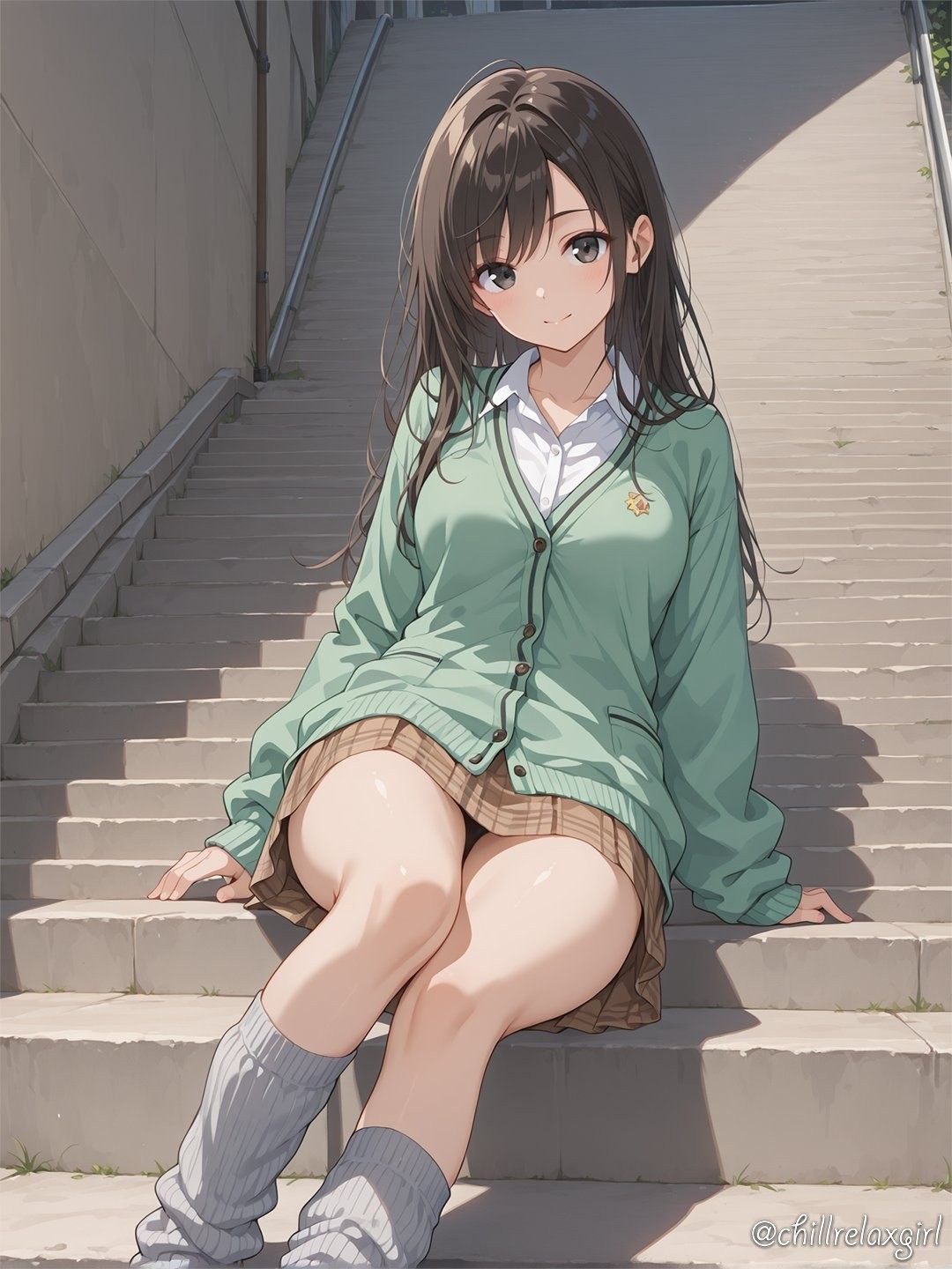 Una chica está sentada en escaleras al aire libre, vistiendo una camisa blanca, un cárdigan verde claro y una falda a cuadros marrón