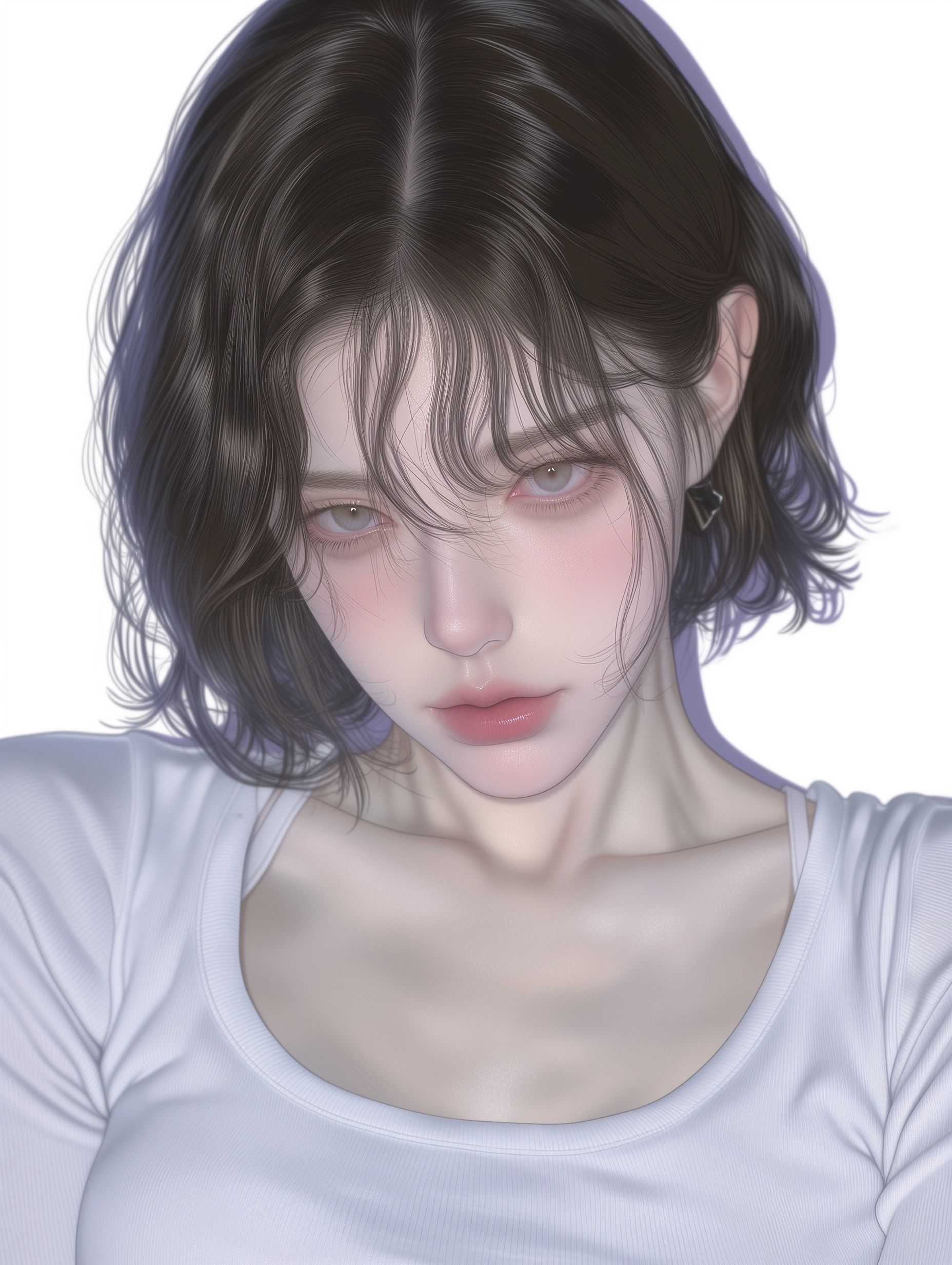 A girl wearing a simple white knit top, with delicate facial features and a gentle expression