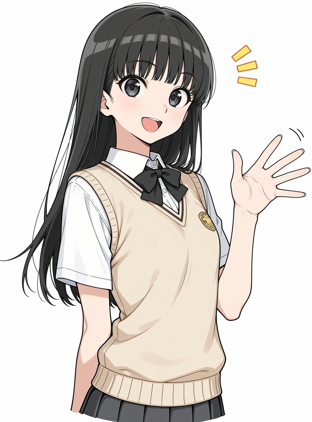 Uma garota de anime com cabelo preto veste uma camisa branca e um colete bege com uma saia escura e acena com a mão