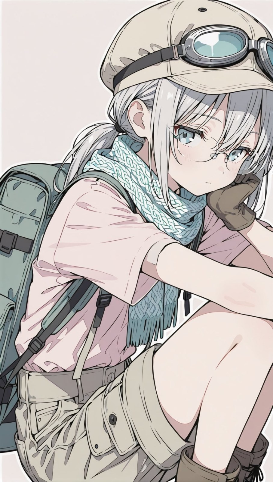 A silver-haired girl is wearing a light pink shirt and khaki shorts with a beige helmet and goggles