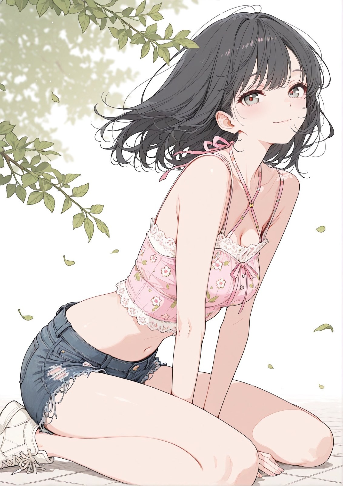 검은 단발 소녀가 분홍색 꽃무늬 탑과 깊은 파란색 청바지를 입고 있다