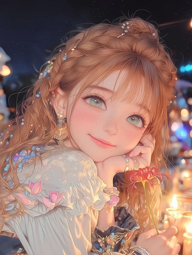 A girl in a white shirt smiling while holding a red spider lily in a starry café