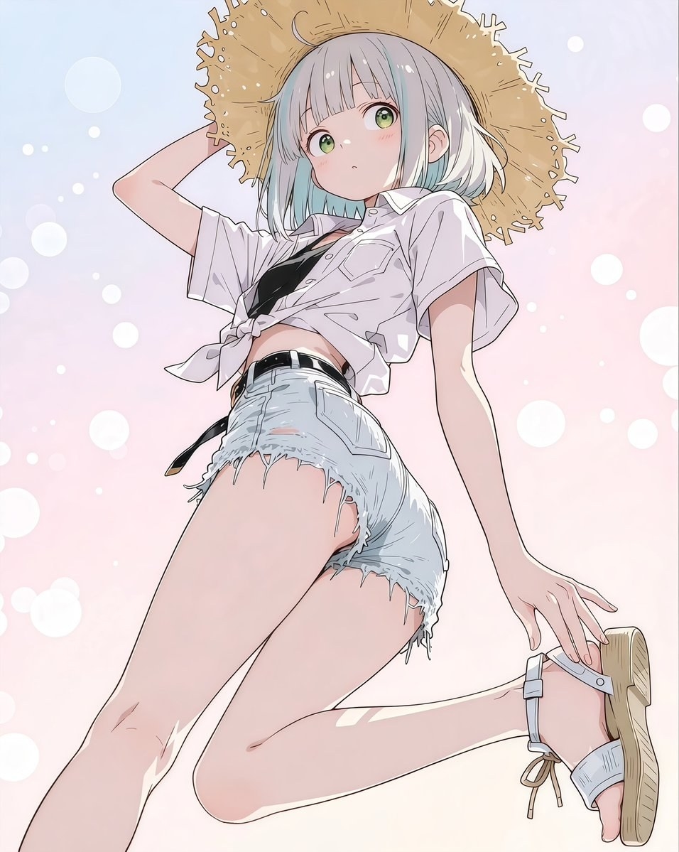 A silver-haired green-eyed anime girl is wearing summer clothes while looking up
