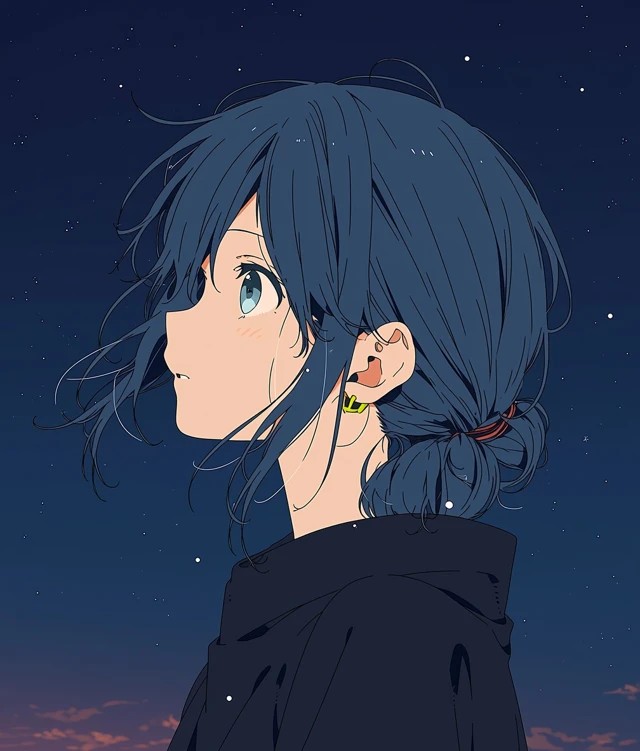 Portrait of a woman with blue hair and blue eyes at night
