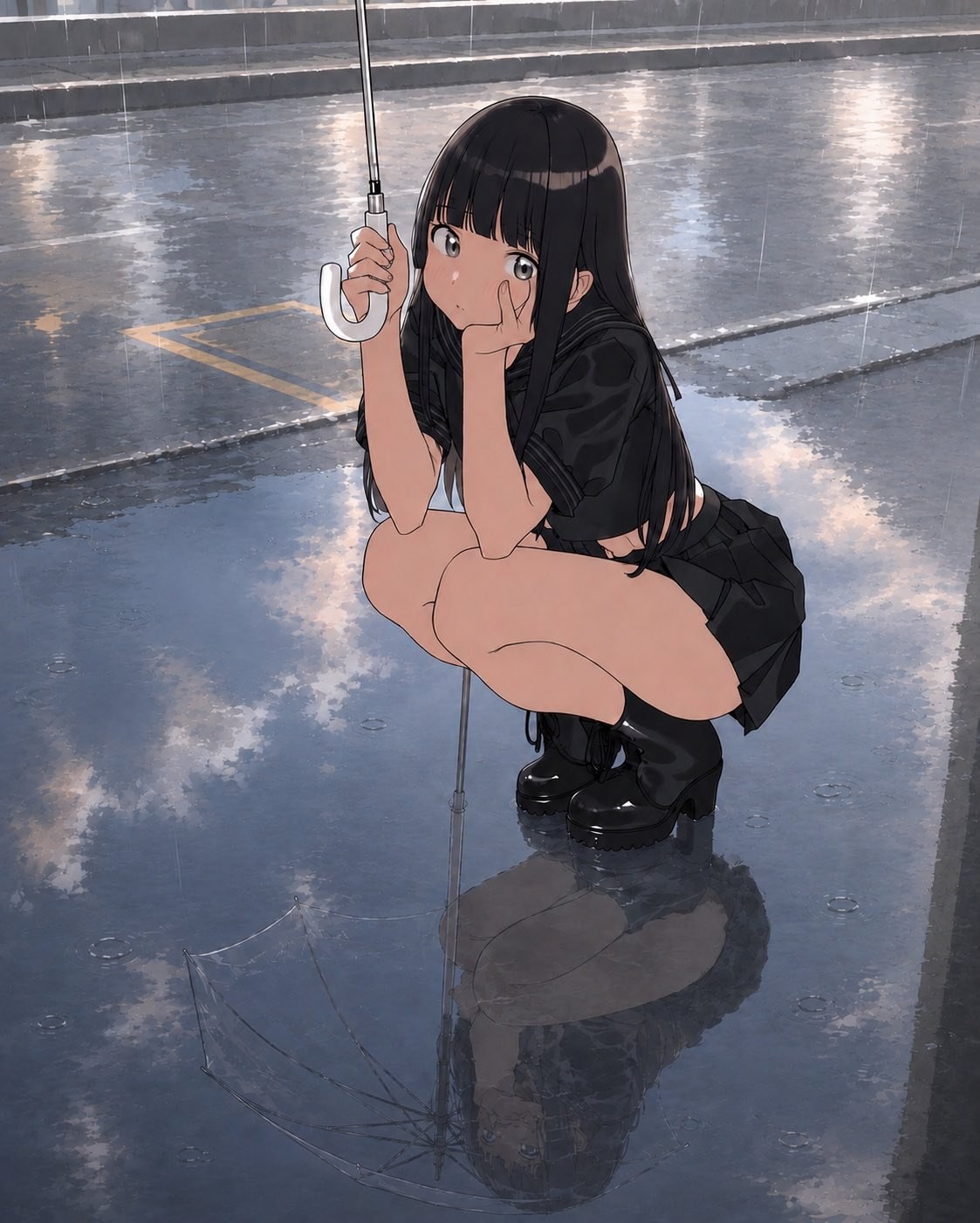 A long-haired girl with black hair is holding an umbrella on a rainy day