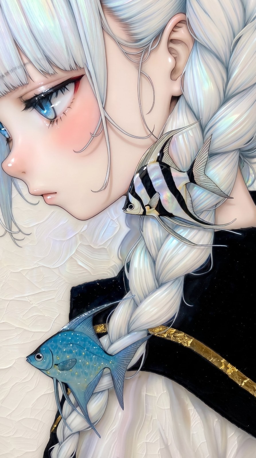 Close-up of a silver-haired girl with downcast eyes and tropical fish in her hair