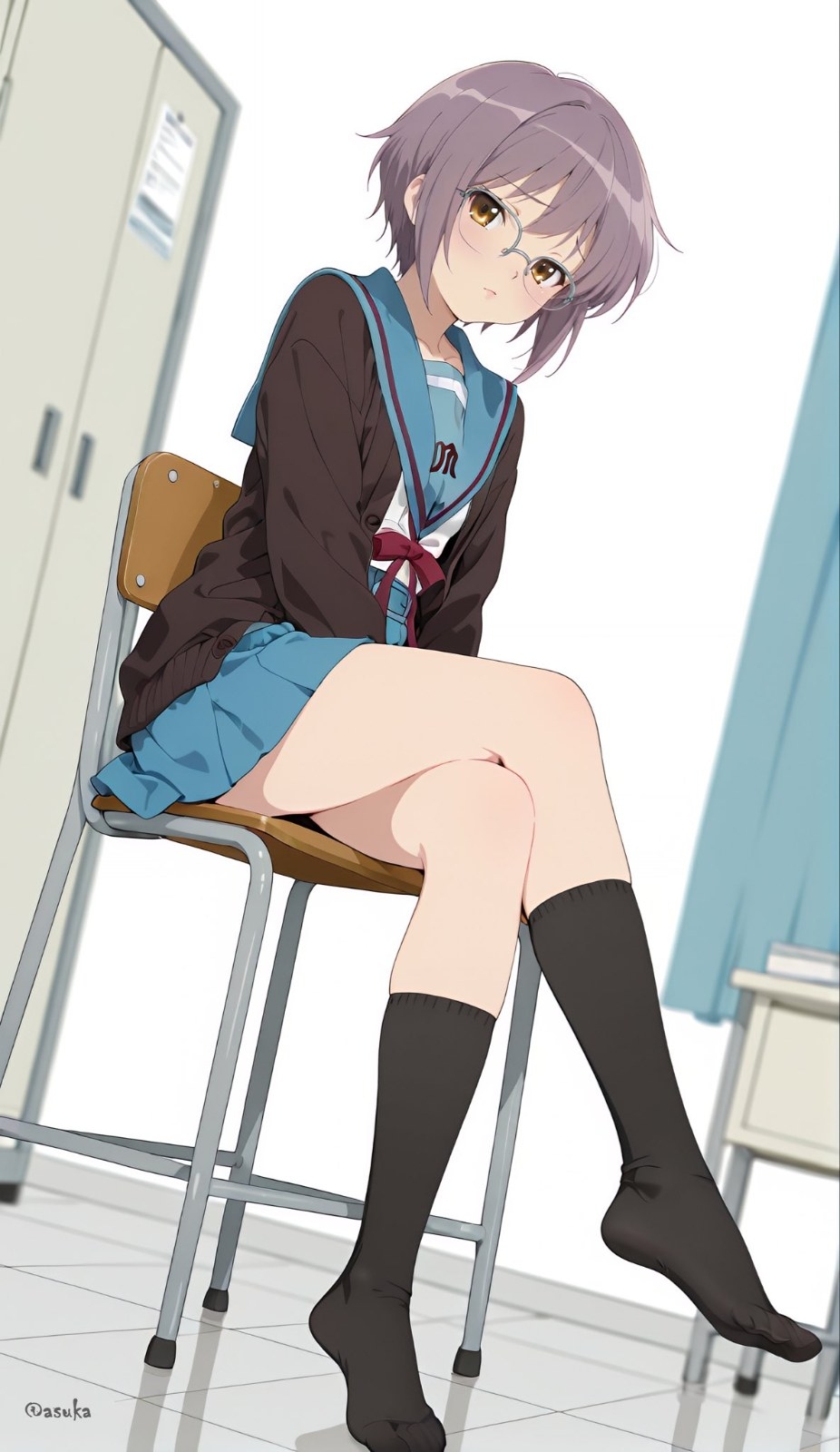 A short-haired glasses girl with purple-gray hair sits on a high stool wearing a blue sailor outfit and a dark cardigan
