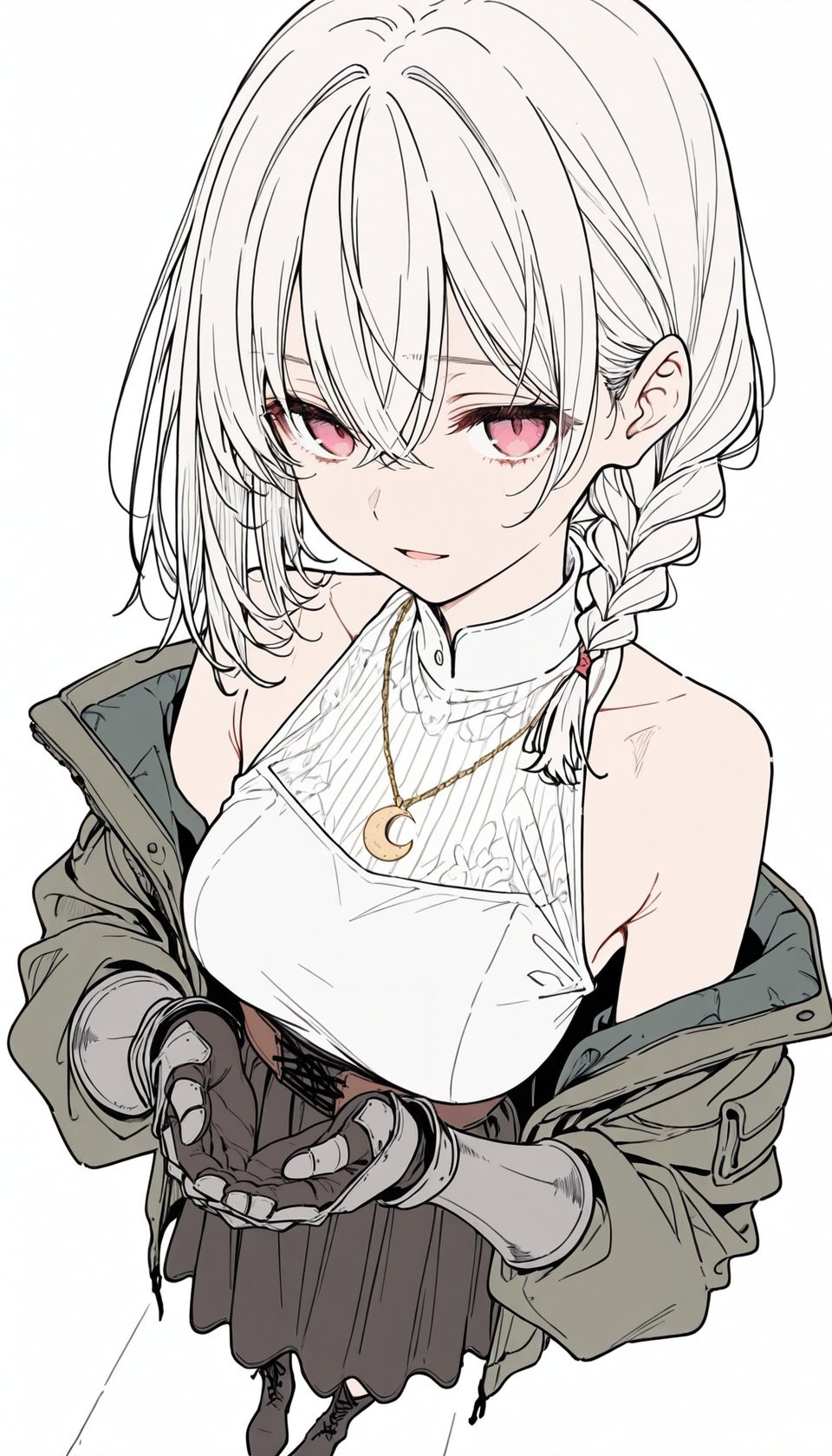Una chica de anime de piel pálida con cabello blanco hasta la barbilla y brazos mecánicos que lleva una blusa sin mangas de cuello alto y una chaqueta verde oliva