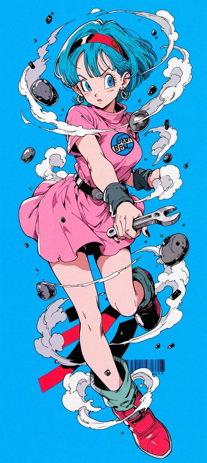 青い髪の少女が青い背景でピンクのドレスを着ています