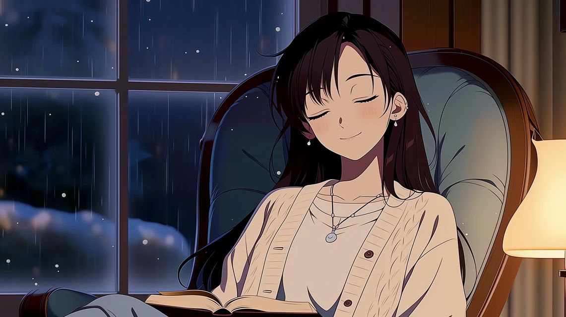 Une belle fille anime de 21 ans dort dans un fauteuil de lecture avec un livre ouvert sur sa poitrine