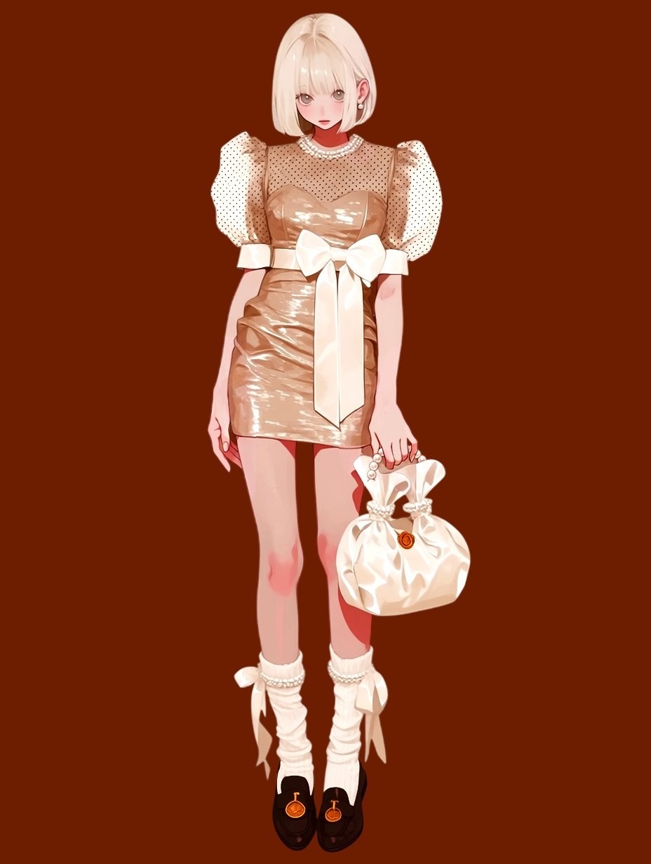 A woman is wearing a champagne gold mini dress and a white puff-sleeve top