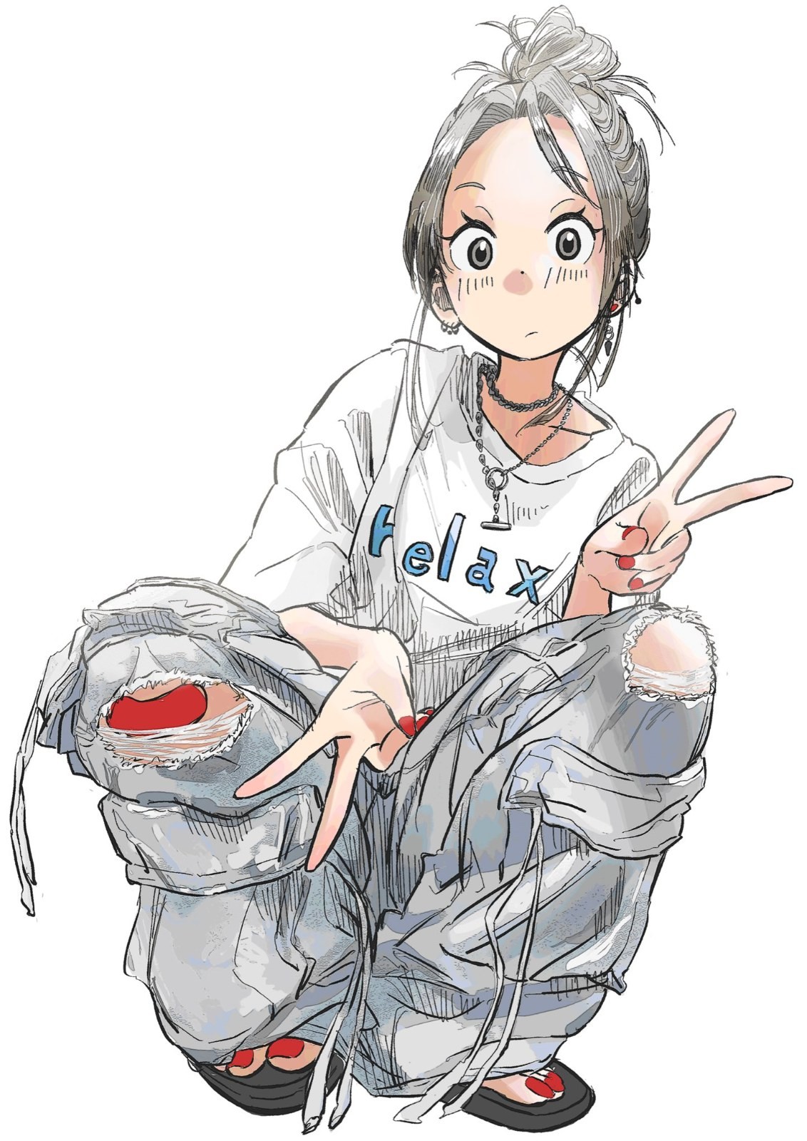 Una chica de anime con cabello gris plateado lleva una camiseta blanca de manga larga y jeans rasgados