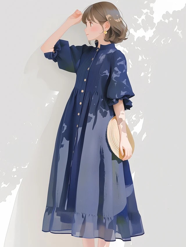 This illustration features a girl wearing a navy blue short-sleeved knee-length dress