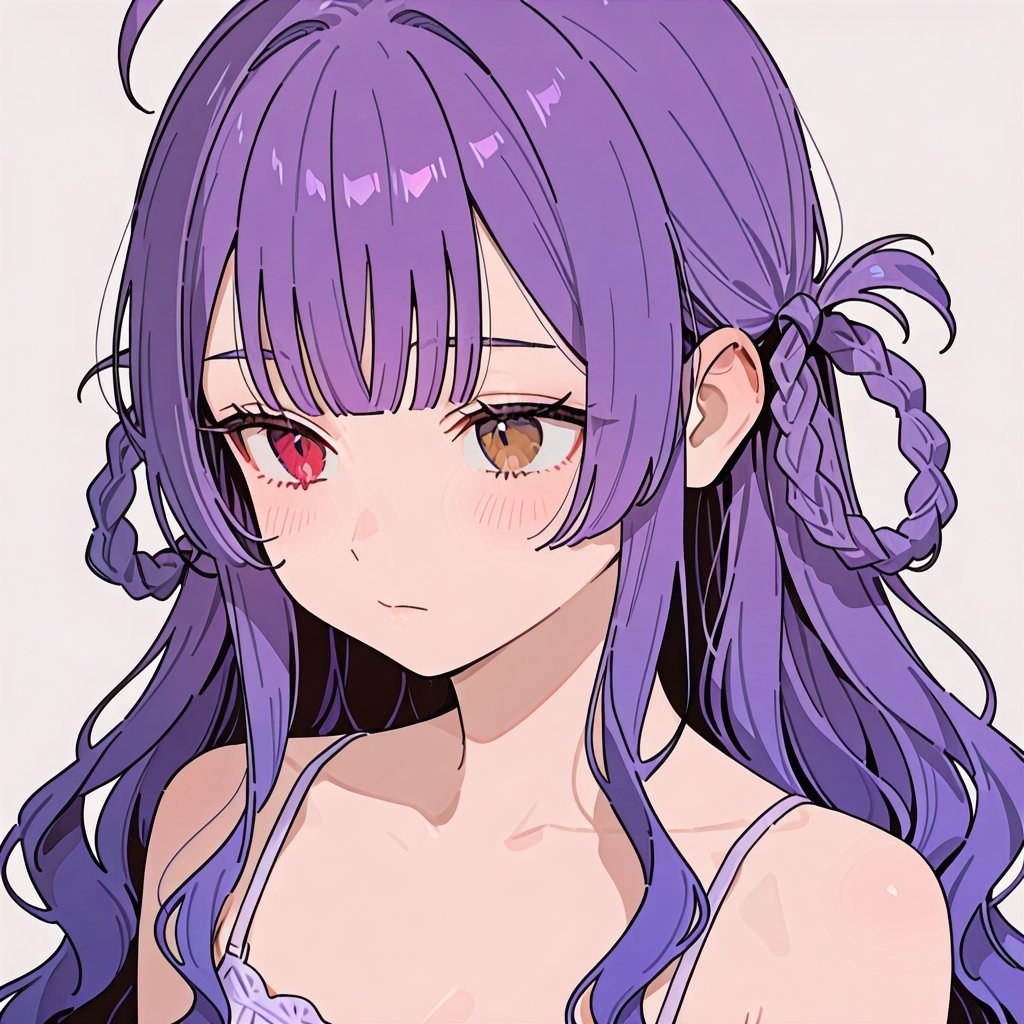 This is an illustration of a female character in anime style, featuring long purple hair and heterochromatic eyes