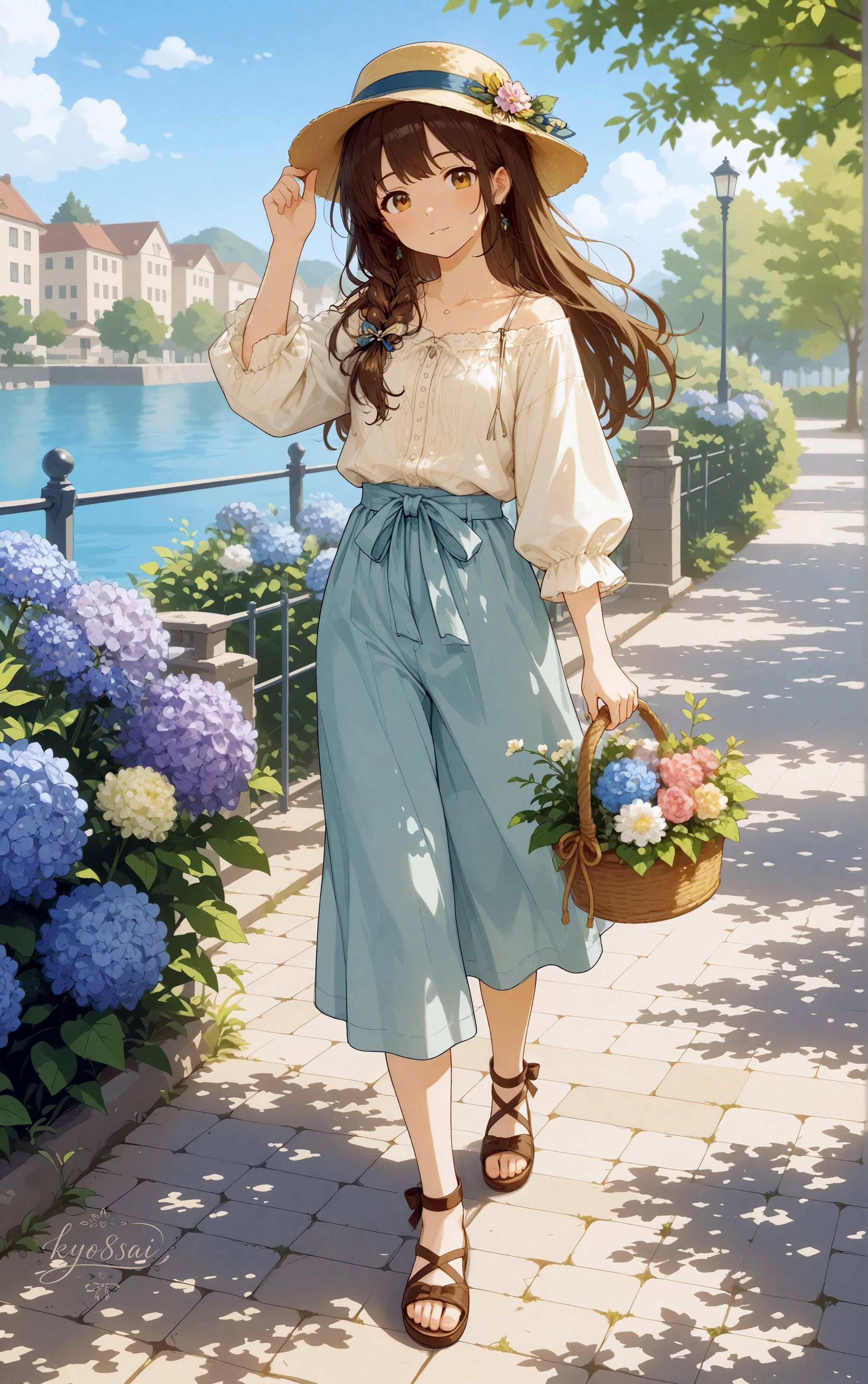 Une fille avec de longs cheveux bruns ondulés et un nœud bleu se tient sur un promenade ensoleillée au bord de la rivière tenant un panier de fleurs