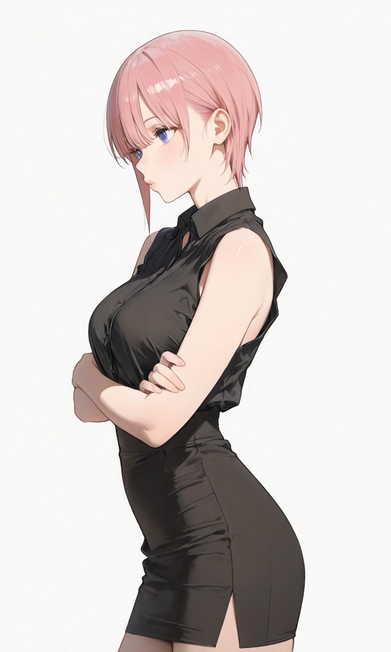 A female character is wearing a black sleeveless dress