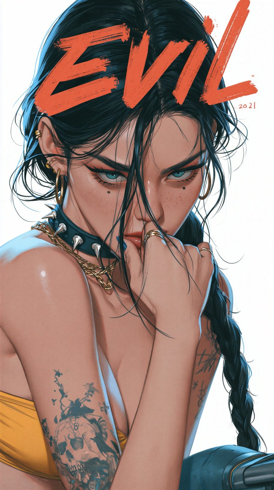 검은 긴 머리를 가진 여성 캐릭터가 눈에 띄는 스타일로 노란색 상의를 입고, 기계 의수와 해골 문신이 두드러진다