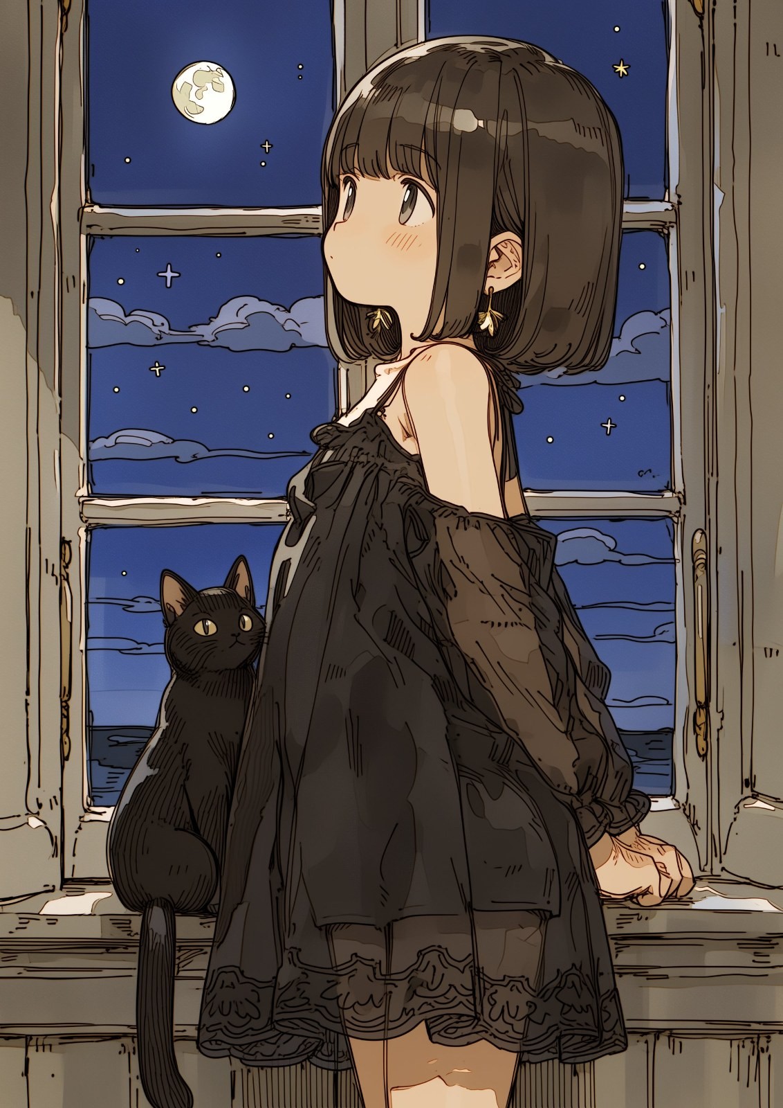 A girl in a black off-shoulder dress stands by the window, gazing at the night sky, accompanied by a yellow-eyed black cat