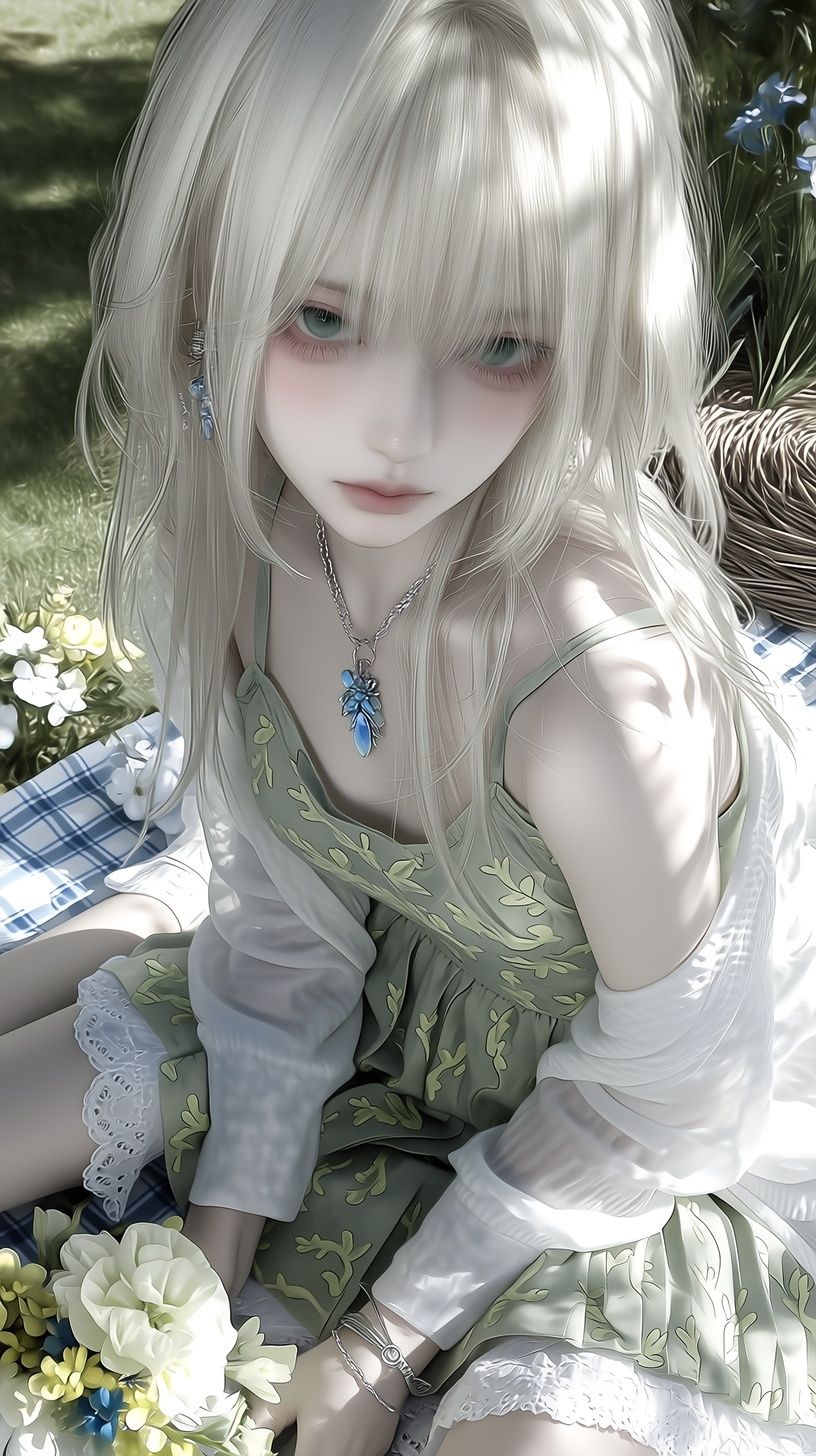 A girl wearing a delicate camisole and pleated skirt sits on the grass holding a white bouquet with sunlight streaming in the background