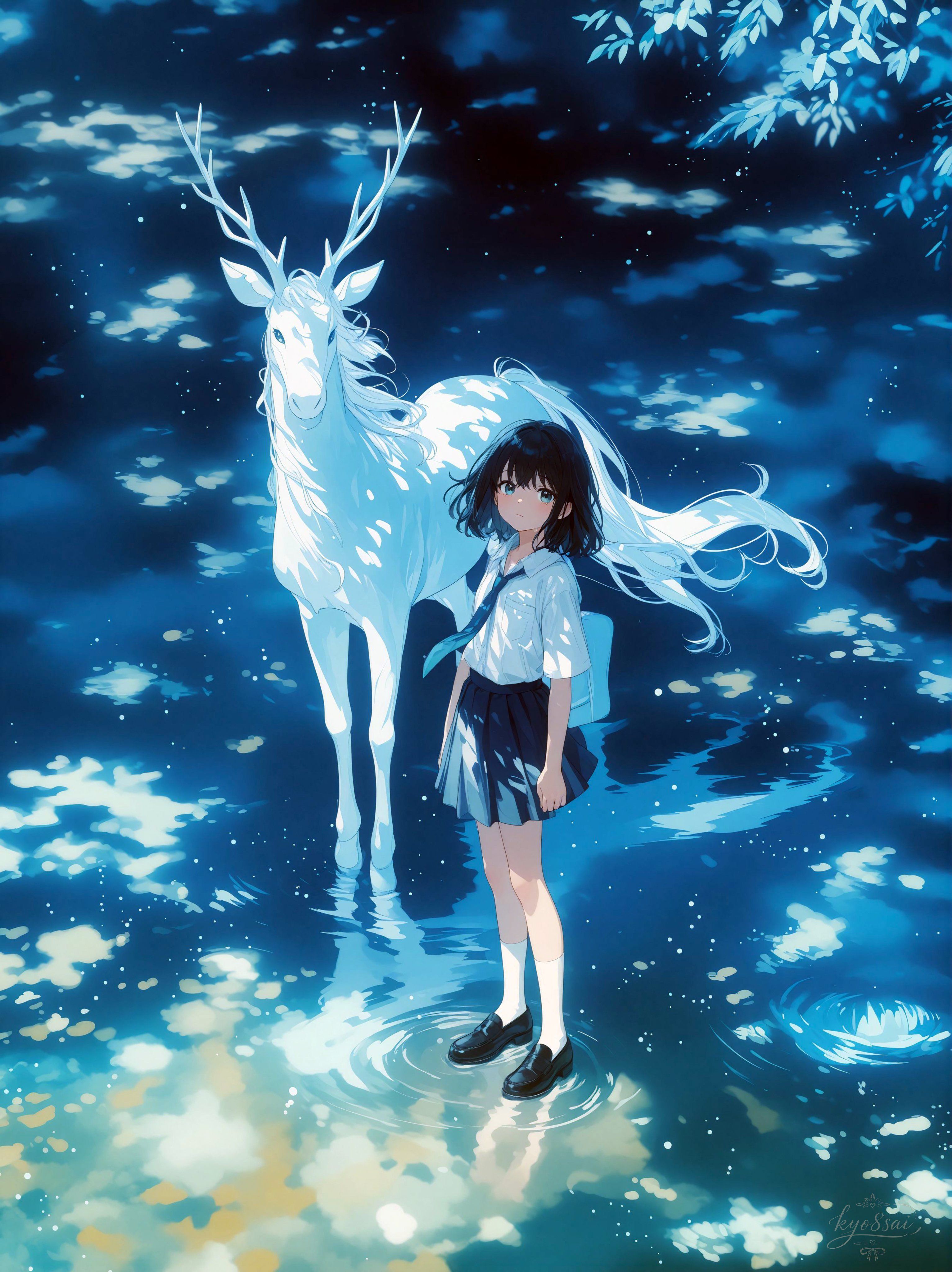 Una chica con una camiseta blanca y una falda oscura está junto a agua azul brillante con un ciervo blanco luminoso detrás de ella
