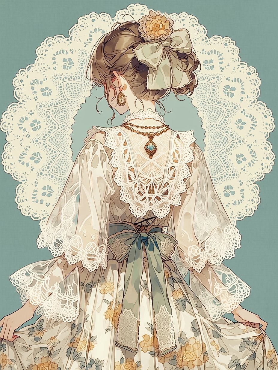 Um personagem com cabelo castanho em um elegante coque adornado com um grande laço verde claro e acessório de flor pêssego, usando um vestido vitoriano branco e creme ornamentado