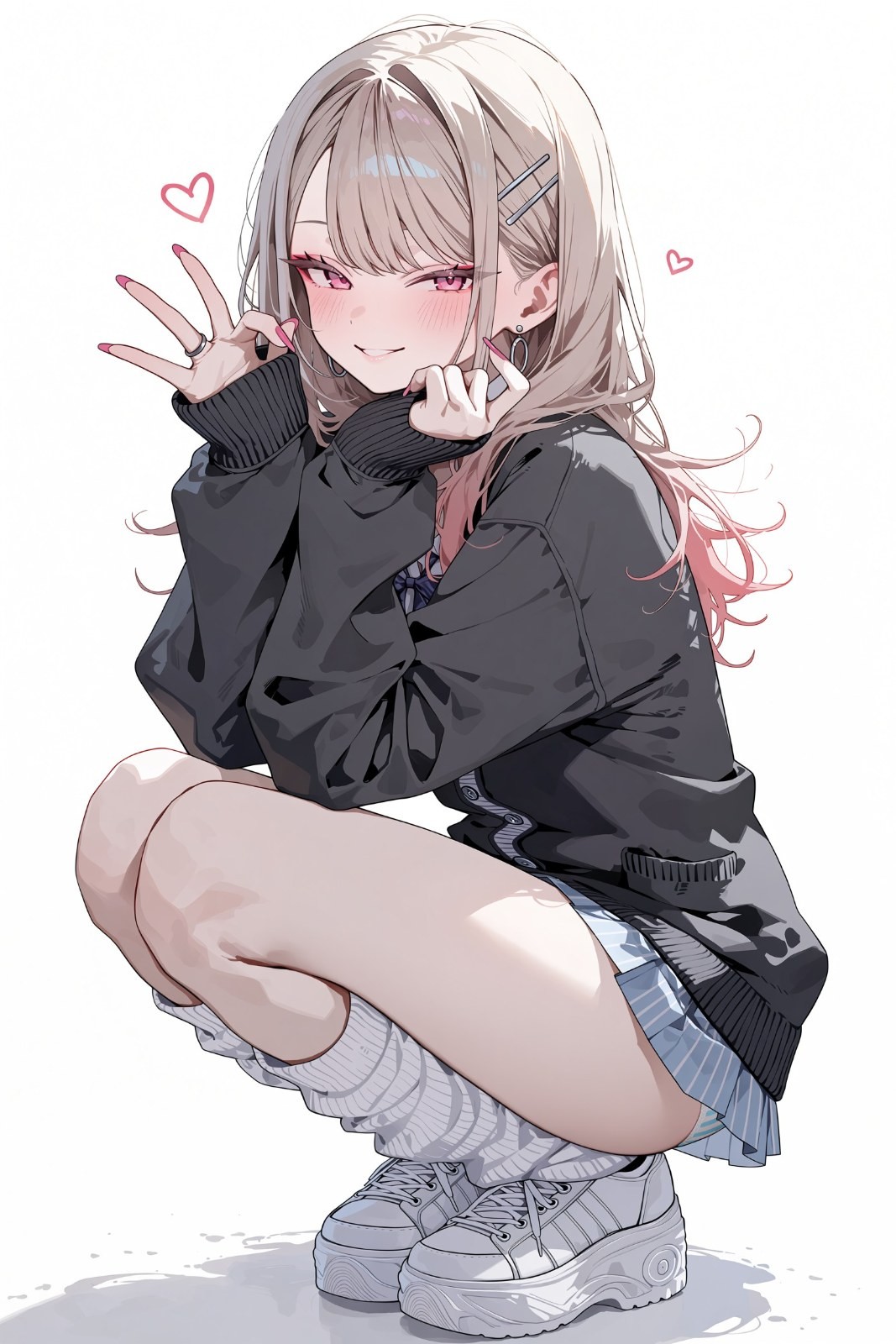 A girl is wearing a black jacket and a blue and white checkered skirt