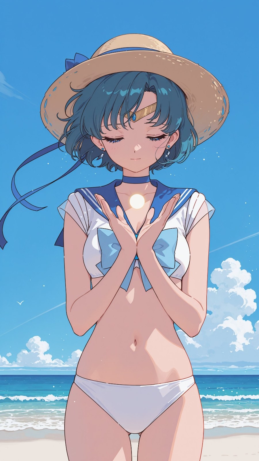 青い短髪のアニメ少女が海岸で光る球を持って立っている
