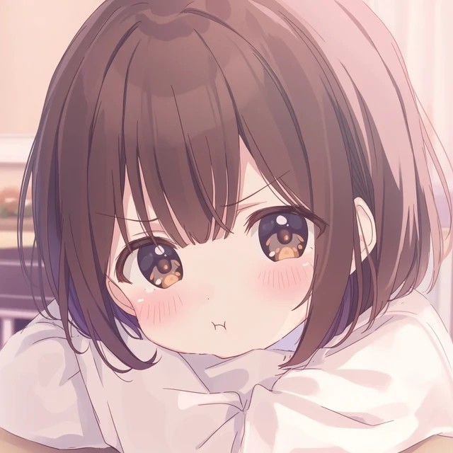 Anime-Mädchen mit schmollendem Gesichtsausdruck, verschränkten Armen, geröteten Wangen, kurzem braunem Haar und großen ausdrucksvollen Augen in einem gemütlichen Raum mit sanften Pastellfarben und sanfter Beleuchtung, die eine emotionale Atmosphäre im Slice-of-Life-Stil schaffen