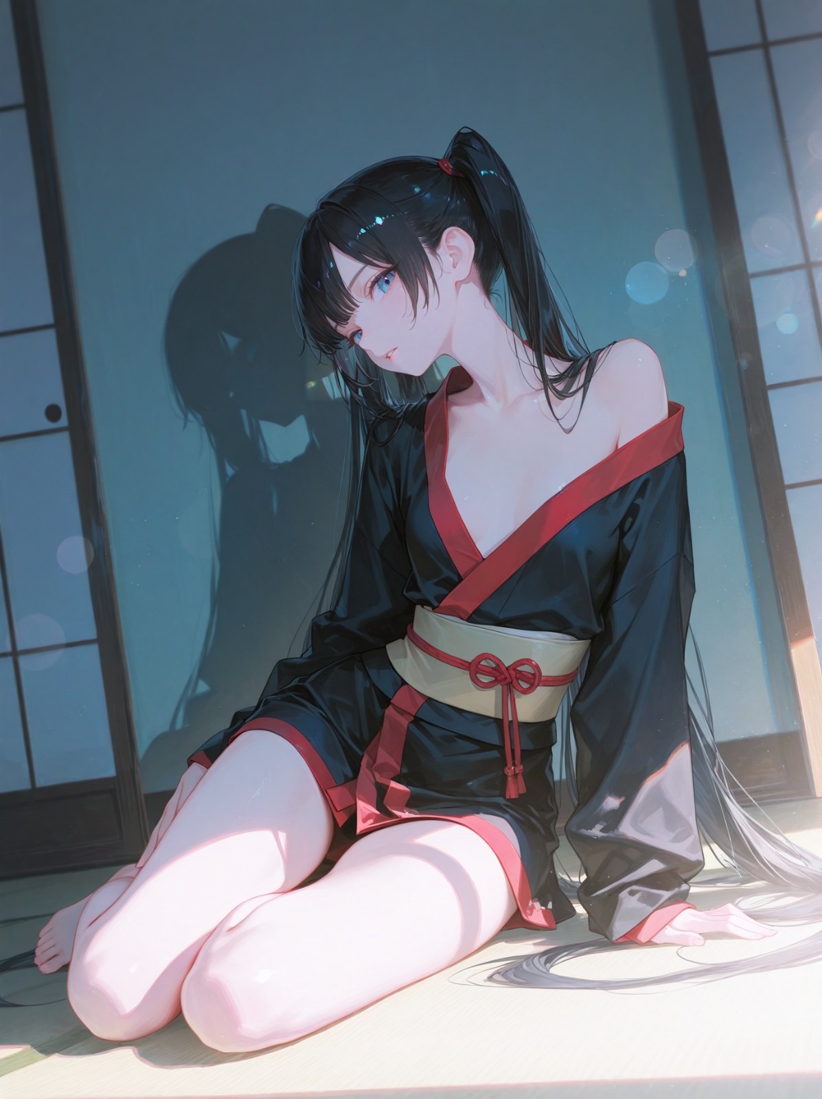 Una mujer de anime con cabello negro está arrodillada en una habitación de tatami con una coleta, vistiendo un yukata negro