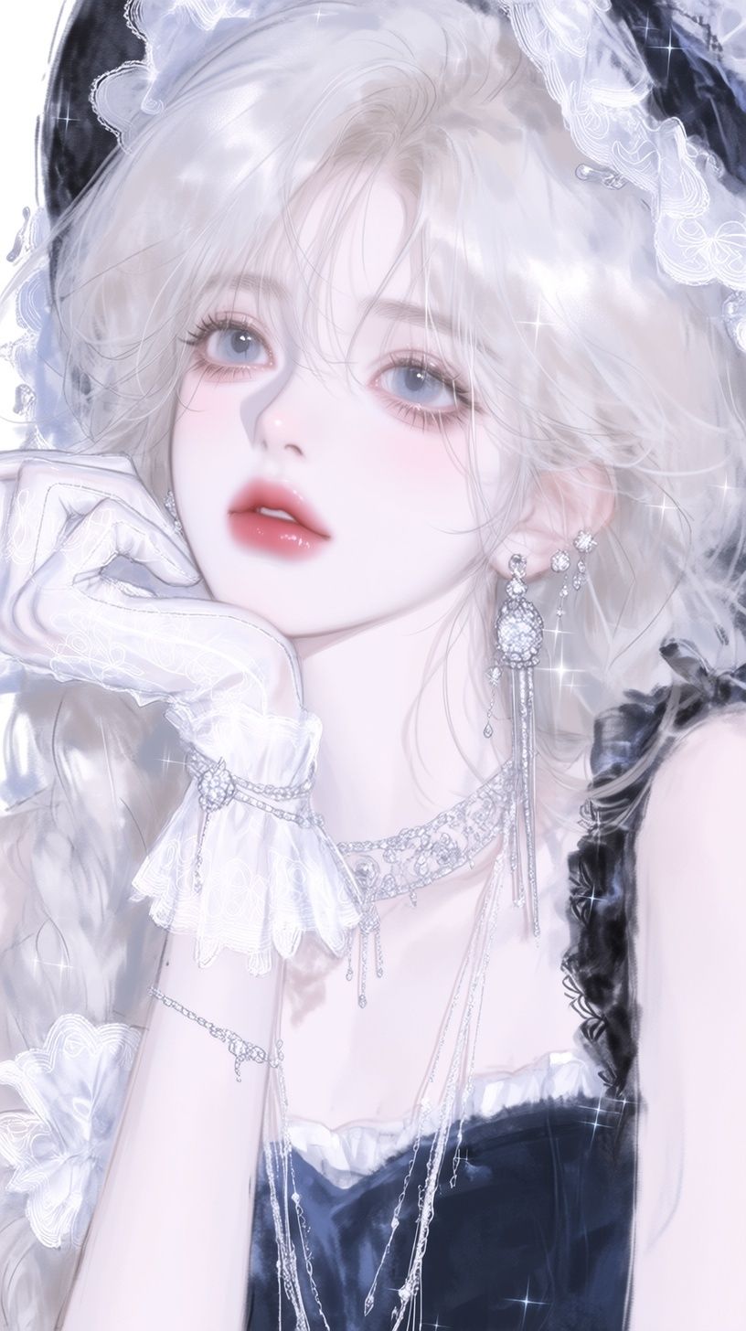 Una mujer elegante con un vestido de terciopelo oscuro y joyas de plata exquisitas, usando guantes de encaje blanco