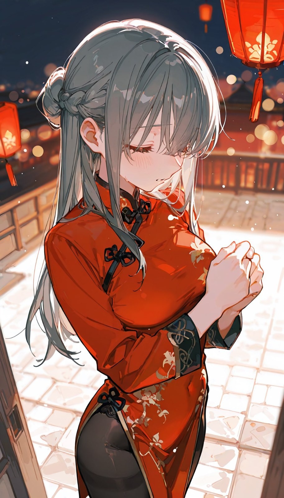 A gray-haired anime girl is wearing a red qipao