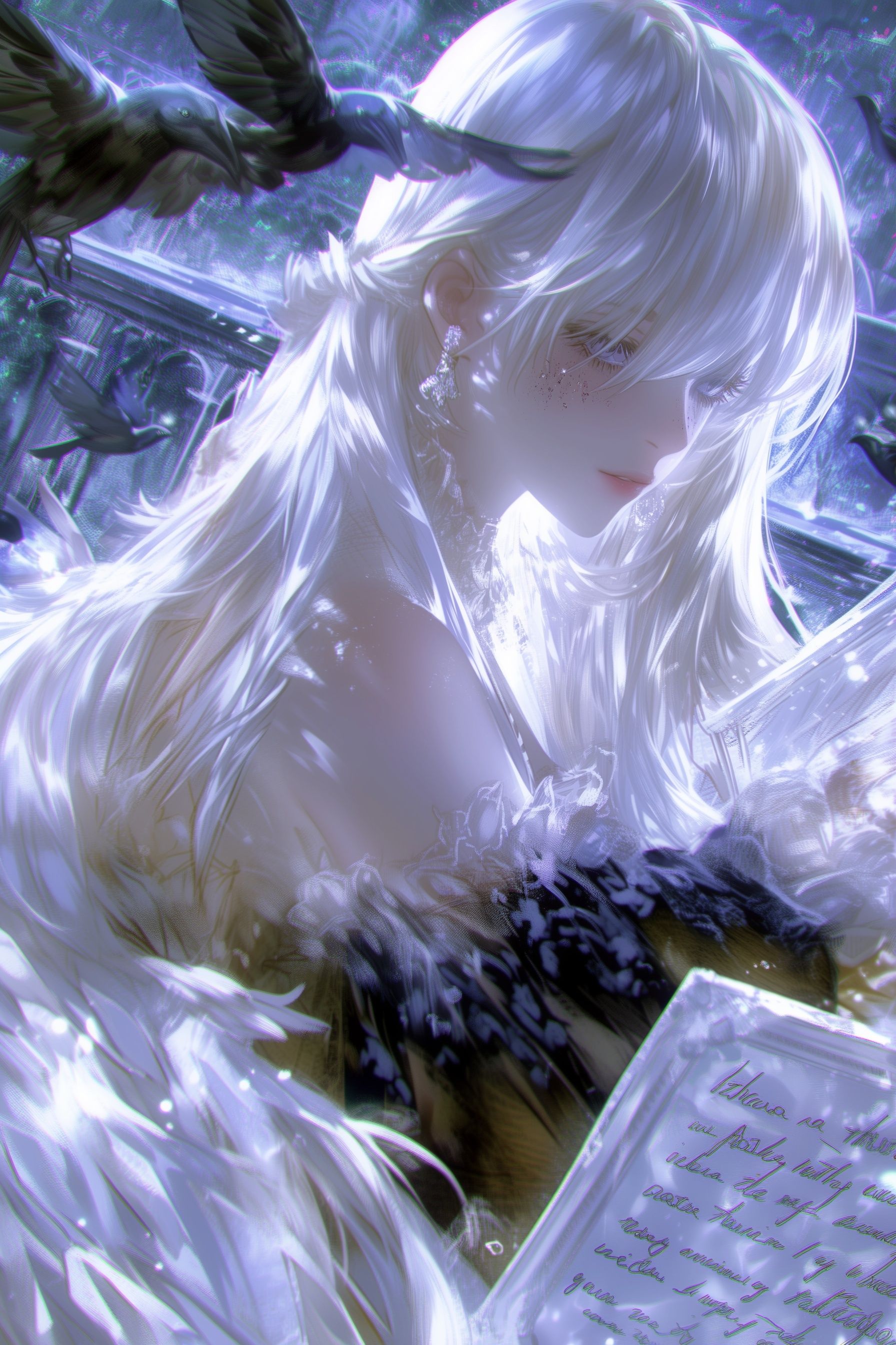 A melancholic girl with long silvery-white hair stands amidst the ruins