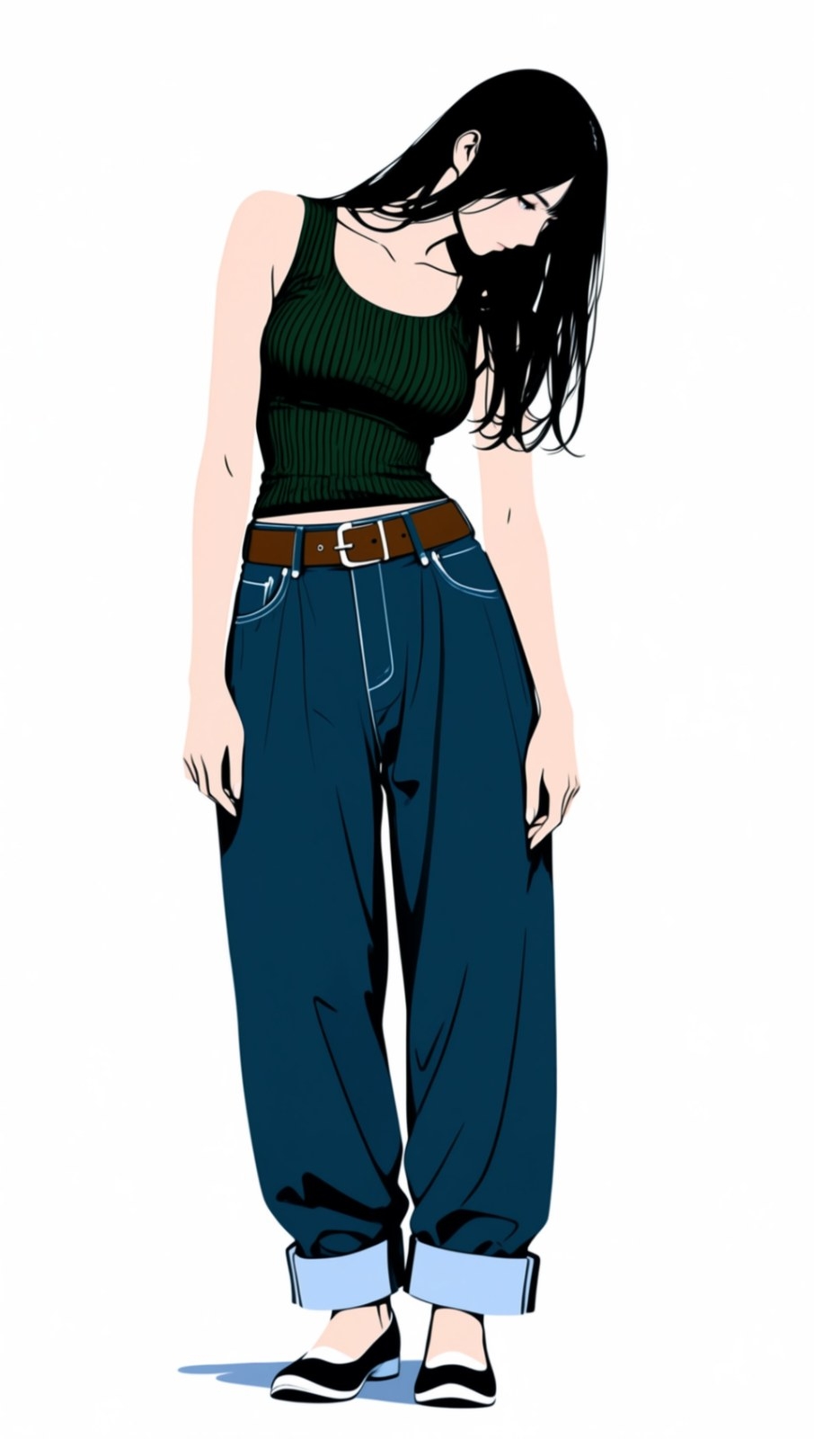 A woman with black long hair is wearing a deep green tank top and high-waisted jeans