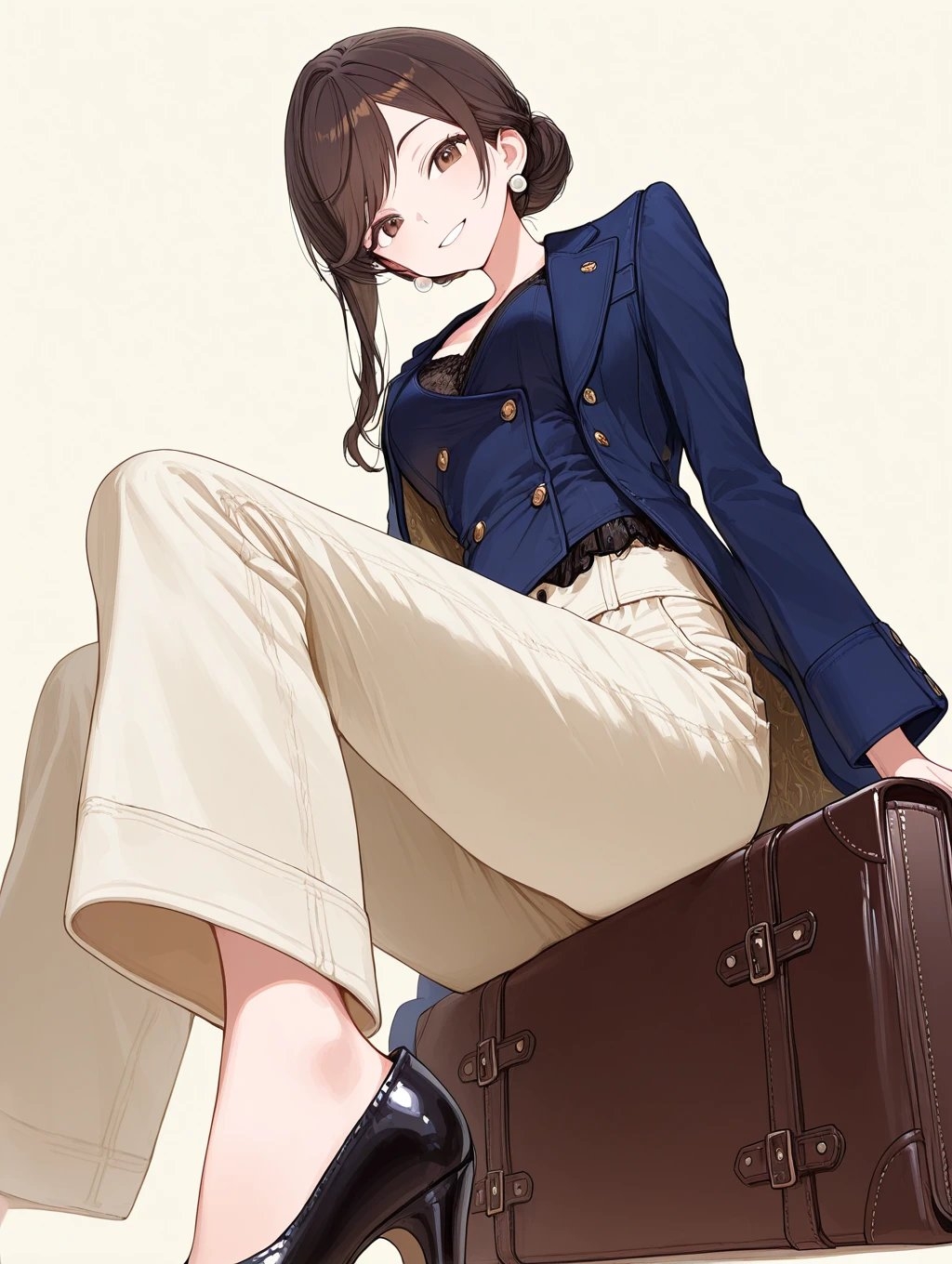 Une femme aux longs cheveux bruns coiffés en chignon bas, portant une veste bleu marine à double boutonnage et un pantalon large beige, est assise avec assurance sur une valise en cuir marron