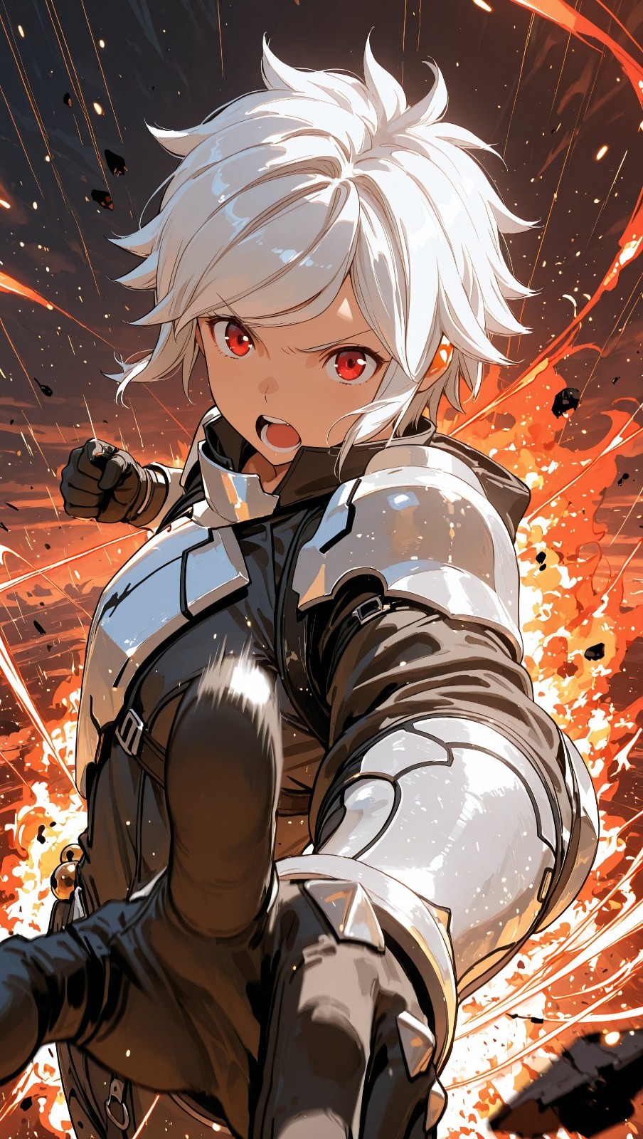 Um guerreiro de anime com cabelos brancos e olhos vermelhos está em uma pose de luta