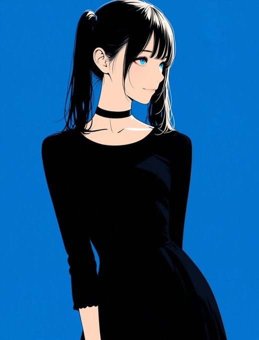 A black-haired woman presents a modern illustration in anime style with a three-quarters profile