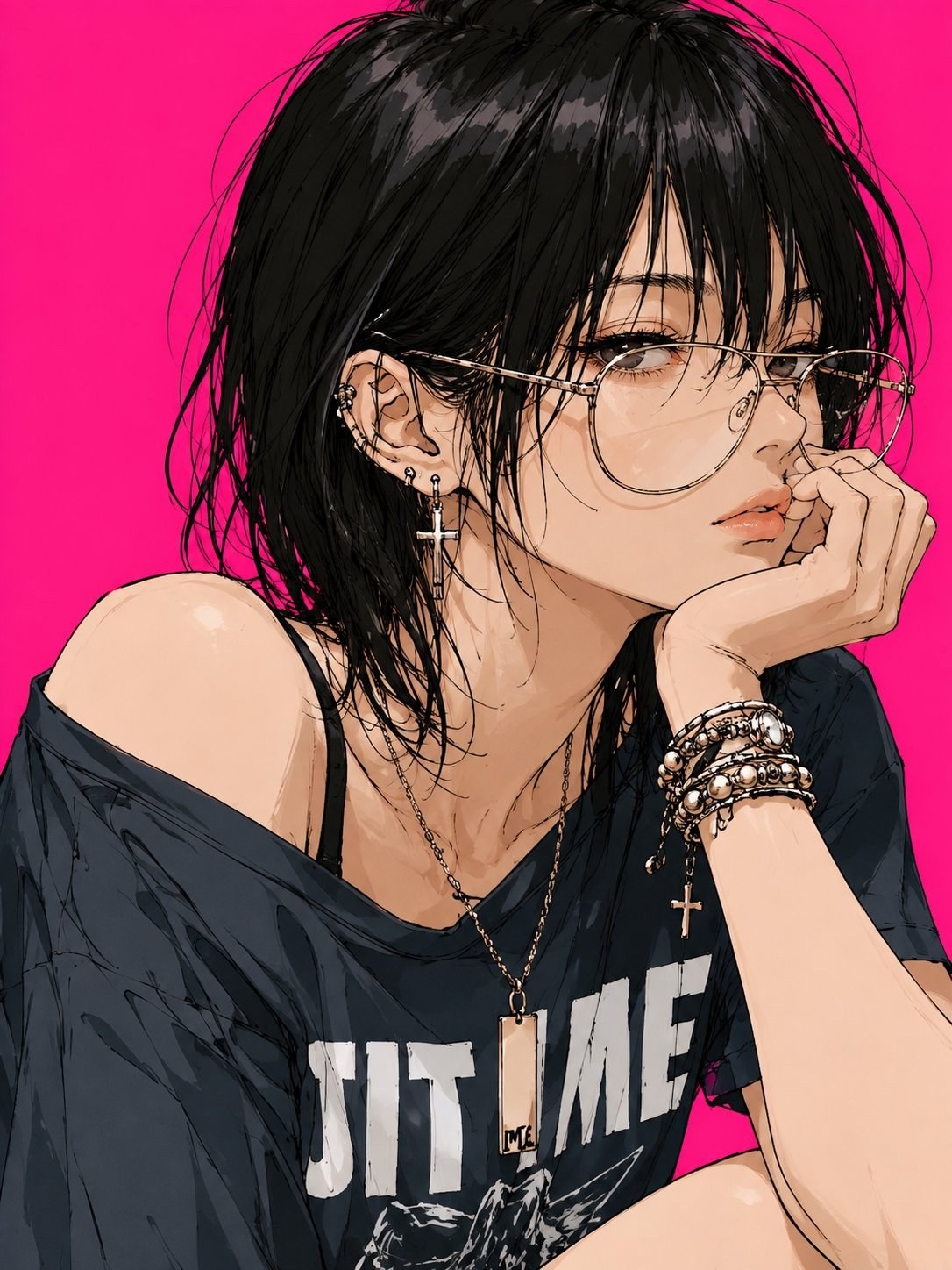 여성이 검은 단발머리에 안경과 십자가 귀걸이를 착용하고 검은 오프숄더 티셔츠를 입고 스트리트 패션을 보여주고 있다