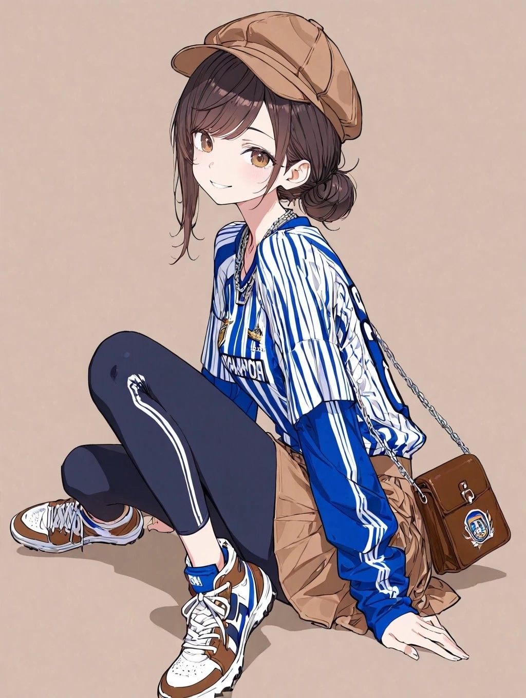茶色の髪のアニメ少女が青と白のストライプスポーツウェアと茶色のニュースキャップを着ている