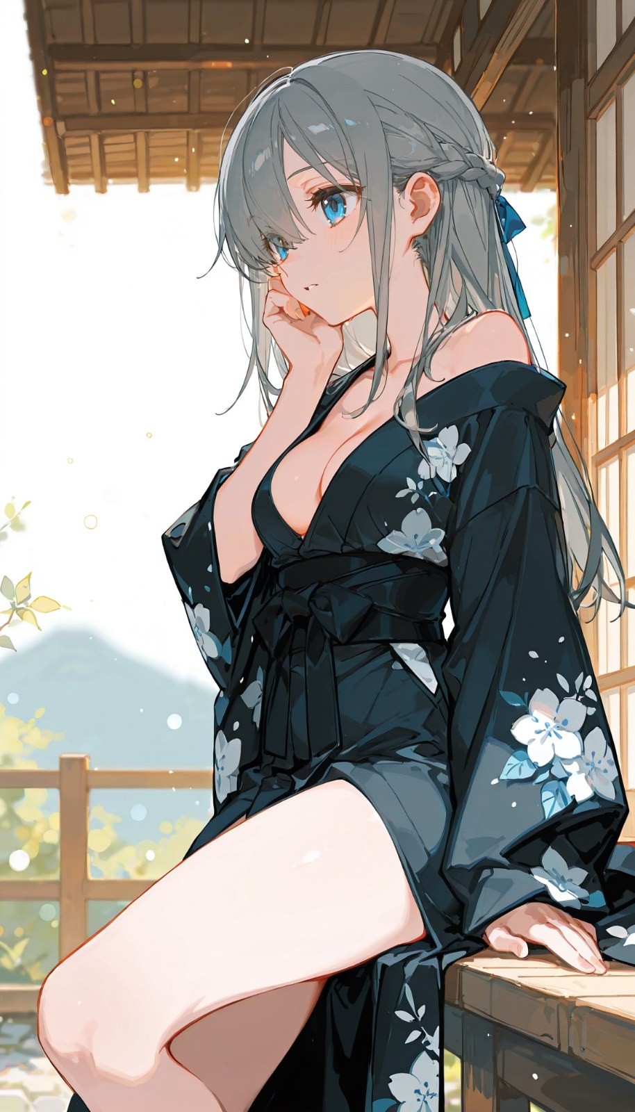 Una chica de anime con cabello largo gris plateado se sienta al borde de un edificio japonés tradicional vistiendo un yukata negro sin hombros