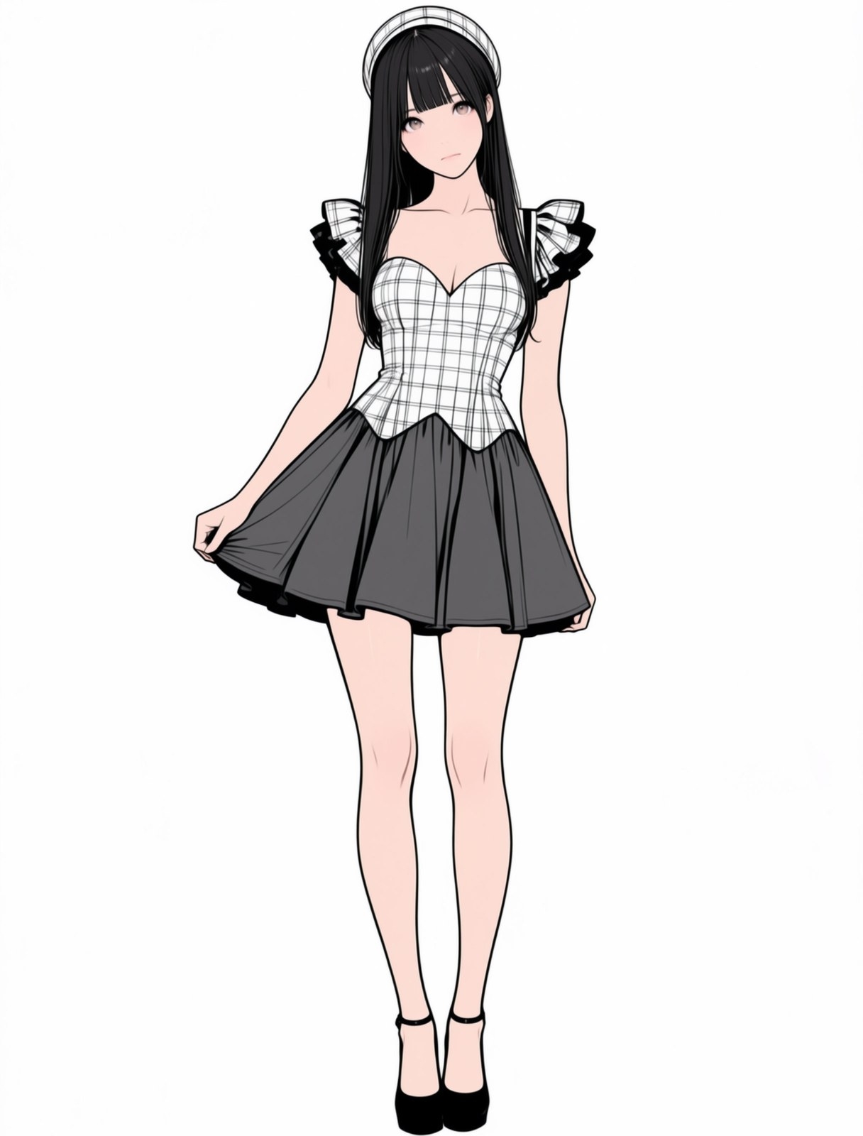 A female anime character is dressed in a black and white checkered outfit standing in front of a white background