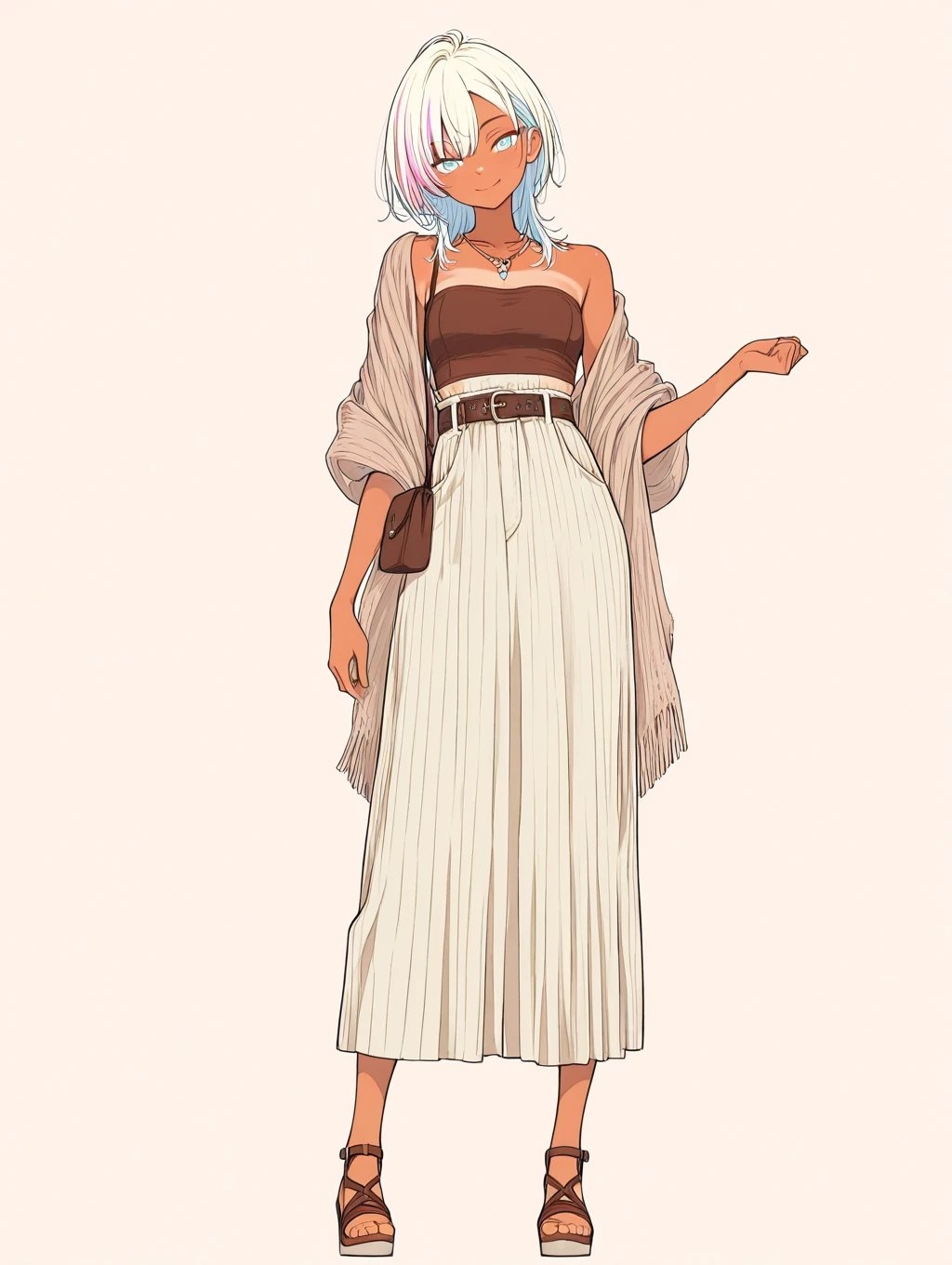 Gebräunte Anime-Mädchen mit kurzen weißen Haaren, die ein braunes trägerloses Oberteil und einen langen cremefarbenen Faltenrock trägt