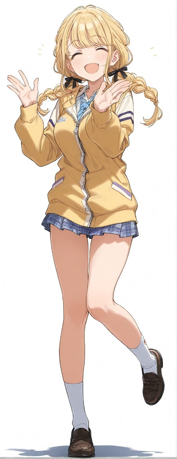 A blonde girl wears a yellow baseball jacket and a blue plaid pleated skirt