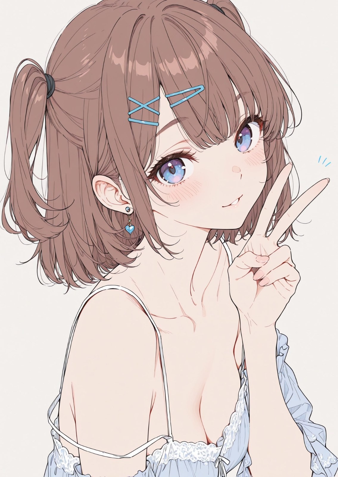 The girl with a side ponytail features a geometric hairpin and heart-shaped earrings, showcasing a playful and cute charm