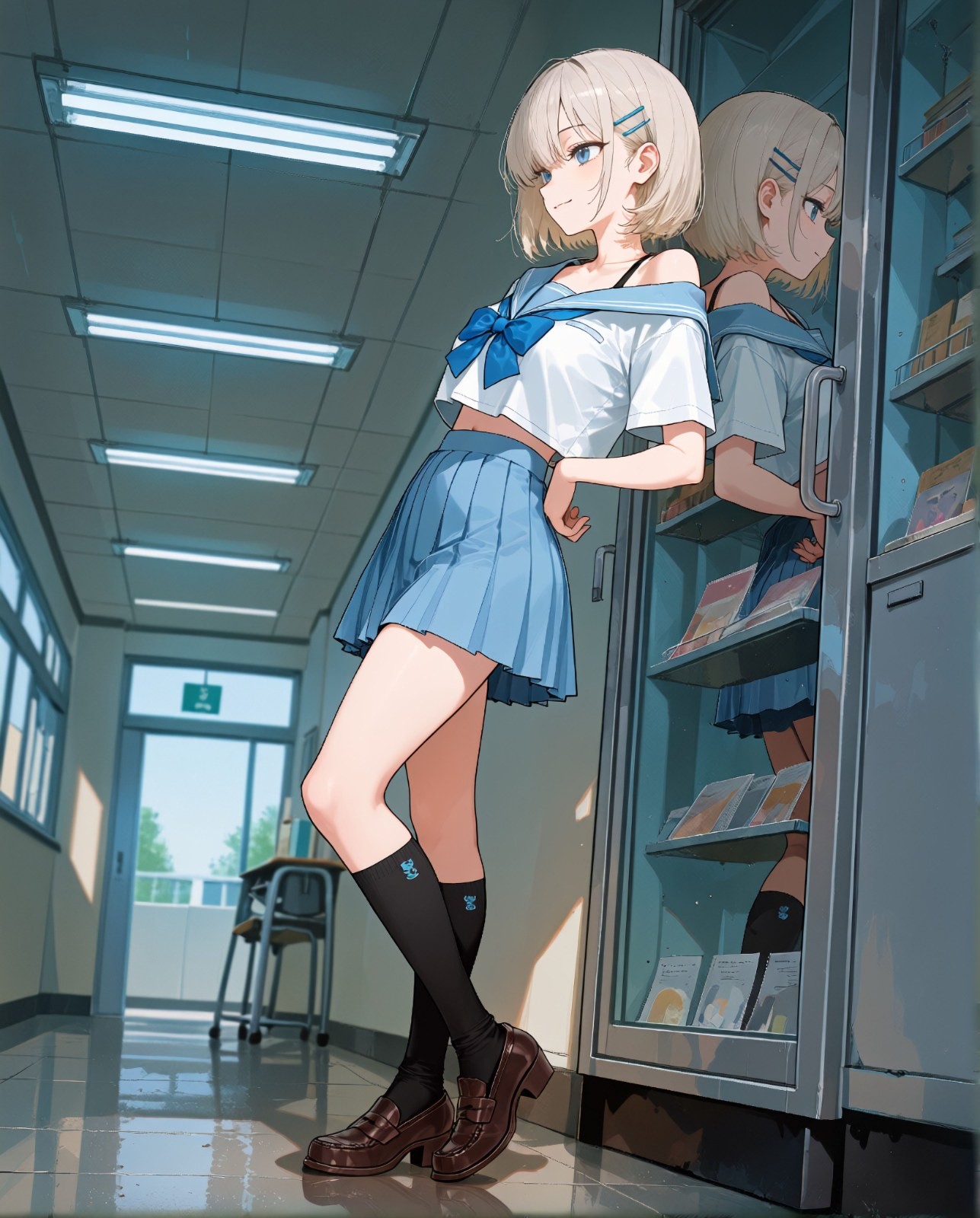 A girl in an off-shoulder sailor uniform and blue pleated skirt leans against a glass vending machine